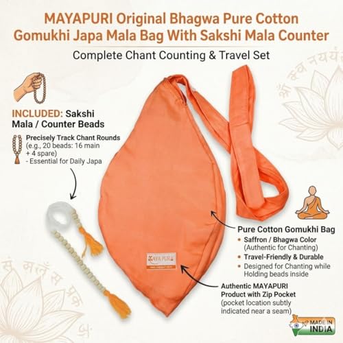 Image of Original Bhagwa Pure Cotton Gomukhi Japa Mala Bag Or Chanting Bag /Beads Bag With Zip Pocket And Sakshi Mala Counter For Daily Mantra Jaap, Saffron Color, travel, orange