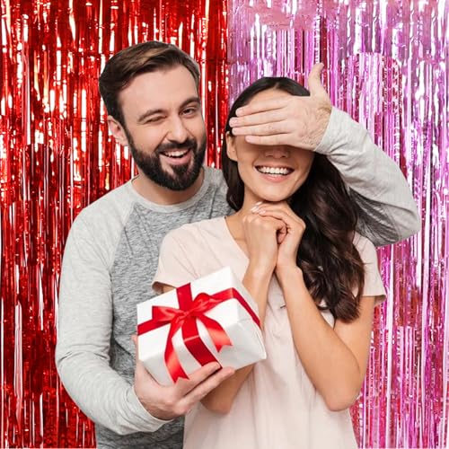 Image of TONIFUL Valentine's Day Door Streamers,Red and Pink Photo Booth Backdrop Metallic Streamers Foil Fringe Curtain for Birthday Valentine's Day Bridal Shower Engagement Party Decoration