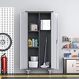 SUPEER Metal Garage Storage Cabinet with Wheels, Broom Closet Storage Cabinet with Hanging Rod, 180cm Tall Rolling Tool Storage with Locking Doors and Shelves(Black/Silvery) - Image 9