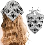 GOTHIC BAT CROCHET BANDANA: This triangle headscarf features black bat patterns on soft gray crochet-look fabric. Its pointed shape drapes beautifully over the hair, making it an ideal piece for gothic, witch, or Halloween-themed outfits. SOFT AND LI...