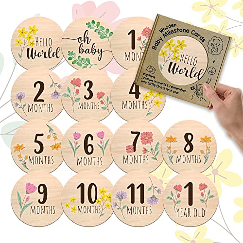 Image of Floral Baby Monthly Milestone Wooden Circles for Newborn Girl Photography Props 7 Reversible Wooden Monthly Milestone Baby Photo Cards Pregnancy Baby Girl Newborn Essentials Baby Keepsake