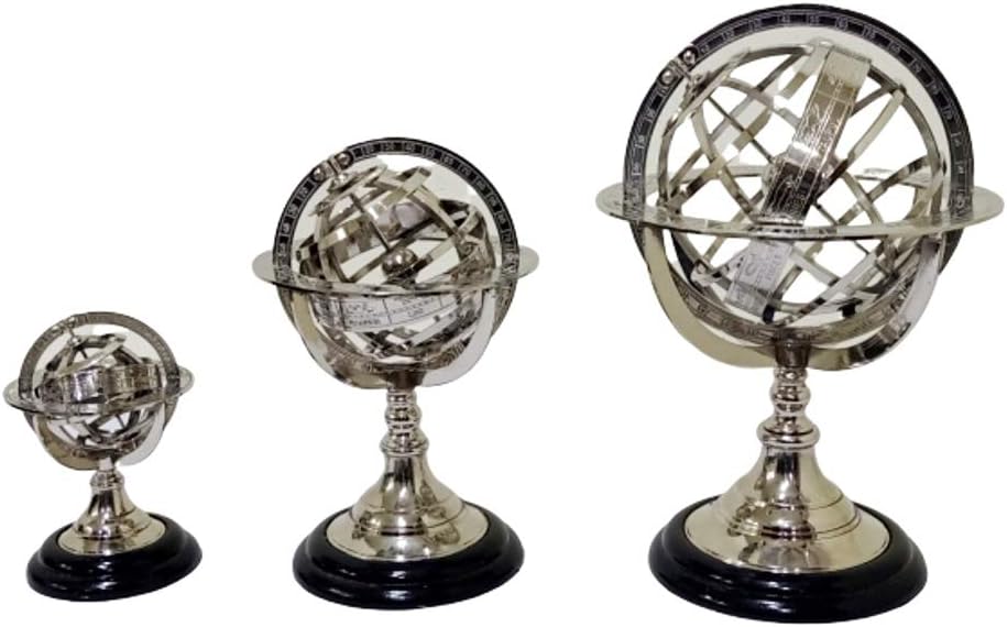 Vintage Brass Armillary Globe Nickel Plated Wooden Base Set of 3 Rustic Vintage Home Decor Gifts