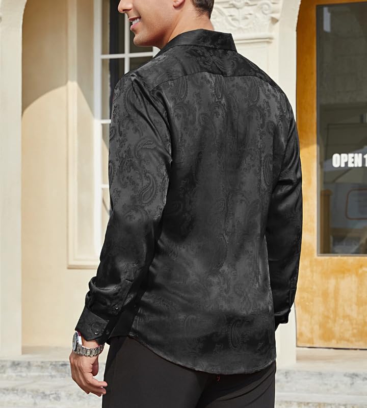 Damipow Satin Silk Mens Dress Shirts Long Sleeve Button Up Shirt Wedding Party Prom Shirt2