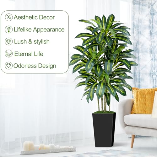 Image of 5FT Artificial Dracaena Tree - High-Density Foliage Fake Plant with Black Tall Planter - Faux Yucca Floor Plant for Home Office Decor Indoor