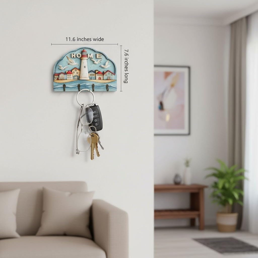 Wall Mounted Key Holder,Modern Wood Key Hanger with 4 Hooks for Wall Key Organizer Rack for Home, Office, Entryway Rustic Decorative Key Holders for Wall Decor, Beach Seagull - Image 2