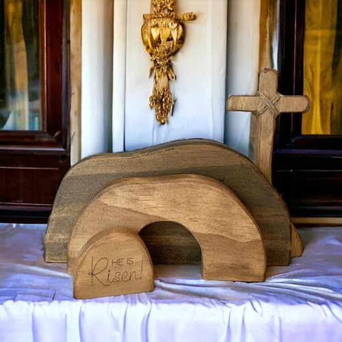 Didyts Easter Scene Wooden Religious Decoration,Jesus Cross Puzzle Statue Set Nativity Scene Decor,Empty Tomb Easter Decor Display,Christian Easter Home Interior Decorations (He is Risen)