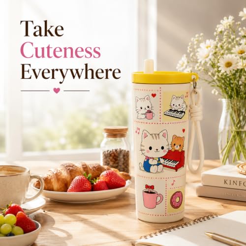 Image of Vasukie Cat Water Bottle Straw Lid and Carrying Strap - Stainless Steel Travel Cup Tumbler - Cute Cat Character Drinkware for Girls, Women. (Character May Vary)
