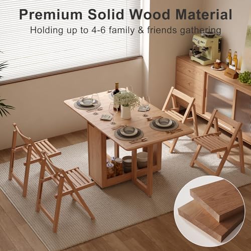 Image of AnywaysWood Folding Dining Table with 4 Foldable Chairs Set, Space Saving Extendable Solid Wood Drop Leaf Table for Kitchen Dining Living Room Small Spaces Easy Assembly (55.12 inchx31.5 inchx30 inch)