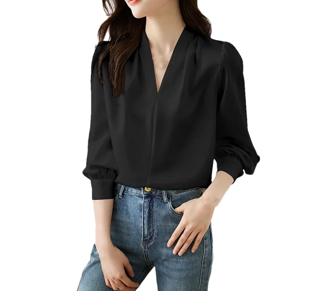Blusa de gasa para mujer, cuello en V, manga larga, color liso, informal, para oficina o trabajo