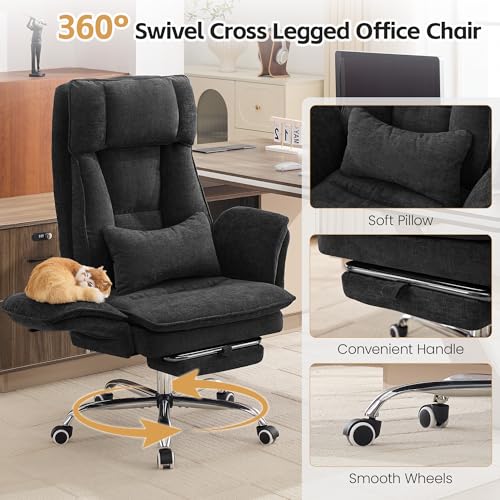 Image of HUBSON Big and Tall Office Chair, Footrest & Flip Armrest for Pets, Black | Executive Ergonomic Criss Cross Chair, Reclining High Back Desk Chair, Chenille Swivel Computer Chair with Lumber Pillow