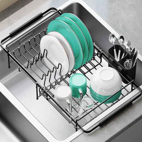 Urackify Dish Drying Rack in Sink - Expandable (14.5''-18''L) Over The Sink Dish Rack with Utensil Holder, Space-Saving Dish Drainer for Kitchen Counter, 1 Piece, Matte Black