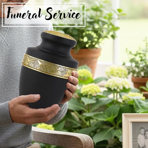 Image of Cremation Urns for Human Ashes Adult - Handcrafted Aluminum Memorial Urn with Gold Leaf Engraving & Velvet Carry Bag, Decorative Funeral Burial Urn with Secure Screw Lid, (Black & Gold)