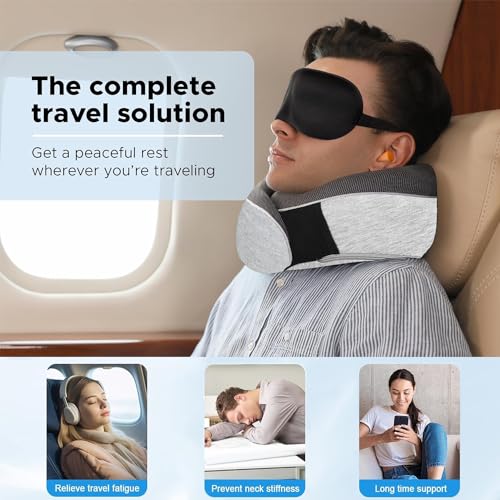 Image of Travel Neck Pillow, Best Memory Foam Airplane Pillow for Headrest, Soft Adjustable Pillow for Airplane, Car and Home, Recliner (Grey1)