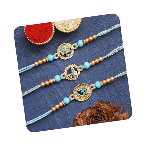 Image of eCraftIndia Set of 3 Multicolor Semi Precious Designer Rakhis for Brother Bhaiya Bhai | Roli Chawal Pack