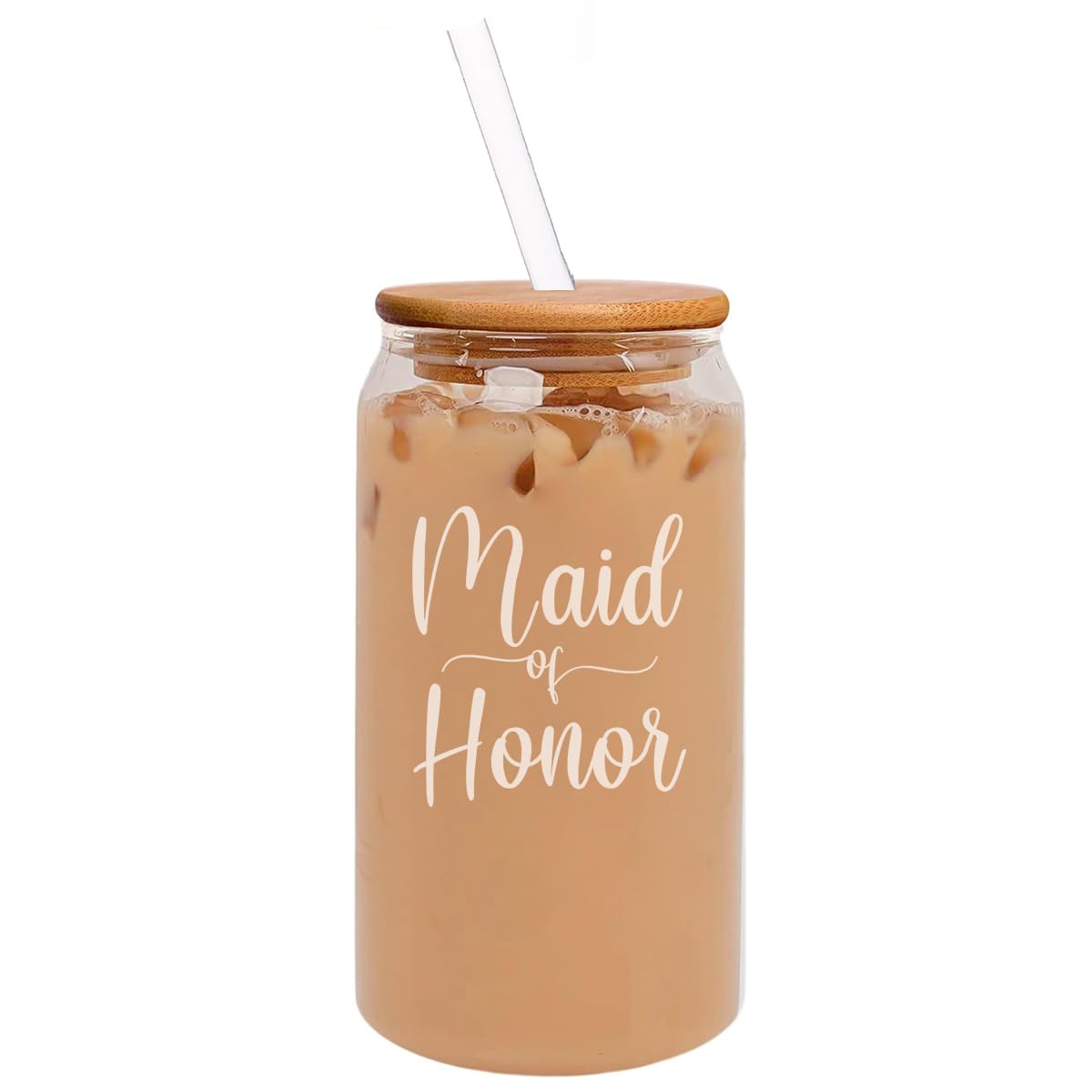 MIP 16oz Can Shaped Glass Iced Coffee Cup with Bamboo Lid and Straw Gift Maid Of Honor