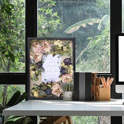 Image of GraduationMall 18x24 Wood Shadow Box Frame Glass Door Display Case with Linen Back and 6 Stick Pins,1.5 inches Interior Depth,Ideal for Memorabilia Pictures Flowers Medals Tickets Rustic Black