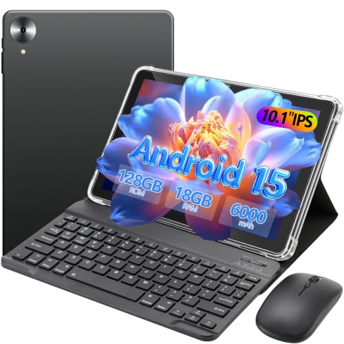 Image of Android 15 Tablet with Keyboard 10.1 Inch, 18GB RAM 128GB Storage, 2 in 1 Tablet PC with Mouse Stylus Case, IPS Display, Dual Band WiFi, GPS, Bluetooth, 1TB Expandable, Gray