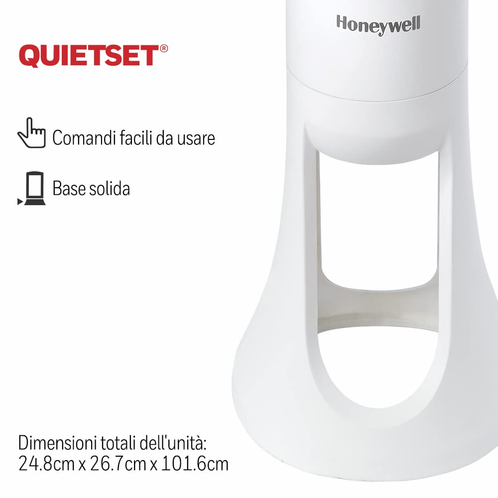 Ventilatore a torre oscillante per l'intera stanza Honeywell QuietSet (5 impostazioni di velocità, oscillazione a 80°, timer, luci a spegnimento automatico, telecomando) HYF260