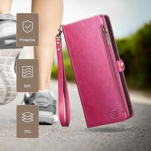 Image of XcaseBar Compatible with Samsung Galaxy S25 Wallet case with Zipper Credit Card Holder【RFID Blocking】,Flip Folio Book PU Leather Phone case Shockproof Cover Women Men for Samsung S25 case Rose Red