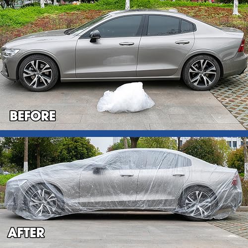 Image of Plastic Car Cover, 12.5 x 21.7 FT, Clear Disposable Medium Bag Capsule, Foldable Bubble Pack with Elastic Band for Rain Dust Flood Protection Covering Garage Outdoor for Sedan Universal Automobiles