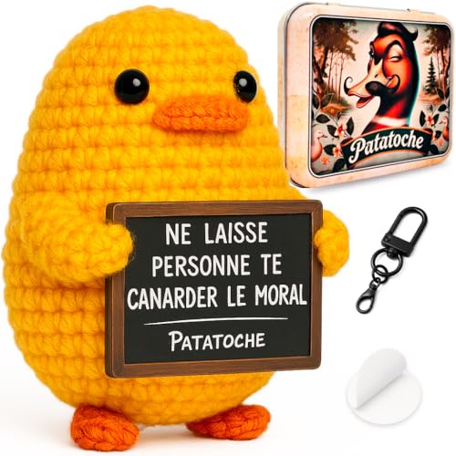 Patatoche® Canard Positif | Cadeau Motivation & Soutien pour Femme ou Homme | Idée Cadeau Humoristique| Figurine Tricotée à la Main | Décoration Bureau | Boîte...