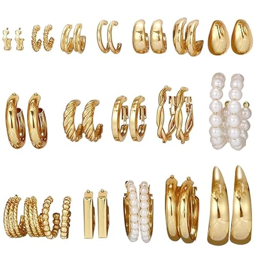 Musedimall 18 Paar Goldenes Ohrring Set für Damen Hypoallergen Creolen & Ohrstecker mit Perlen & Acryl Leicht & Langlebig Ideal für Alltag Party & Geschenke