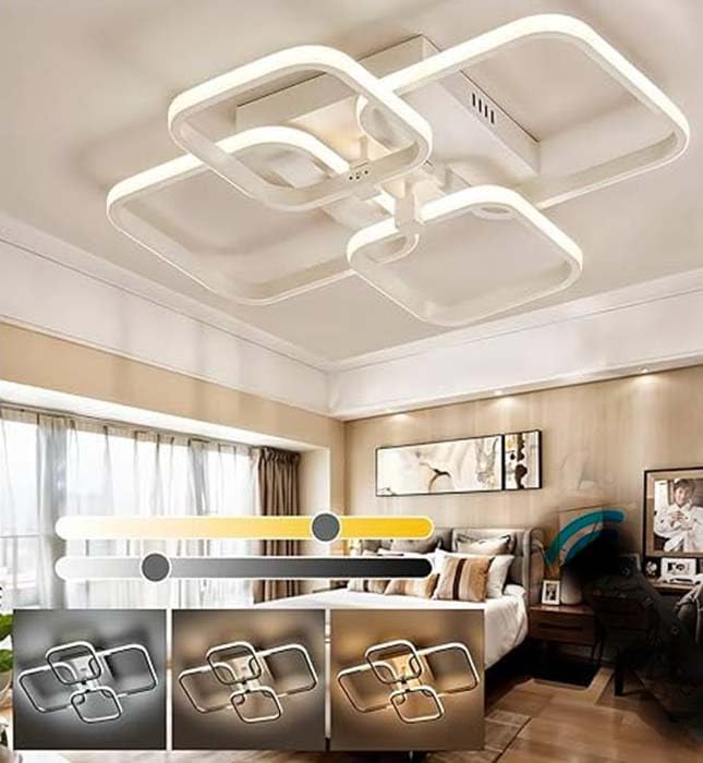 Image of LED Ceiling Light with Remote Control, White Acrylic Modern 3-Color Ceiling Light Flush Mount for Living Room, Bedroom, 58x45x12cm