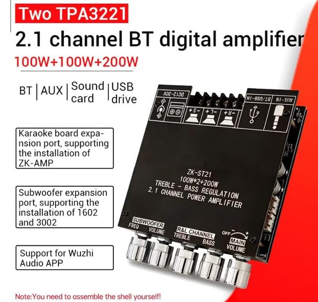 Image of SRBI ZK-ST21 bluetooth Digital Amplifier Board 2.1 Channel 100W+100W+200W Subwoofer Chip TPA3221 DC12-30V 10A - With Shell 2026 New Stock