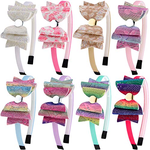 XIMA Girls Headbands with Bows,Glitter Hairbands for kids,3 Layers Sparkly Sequin Hair bow Hair Accessories for Children toddlers Teens Pack of 8