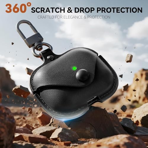 Image of Leather Case for AirPods Pro 3 (2025) | Premium Protective Cover with Snap Lock & Keychain | Shockproof Wireless Charging Compatible Case (Black)