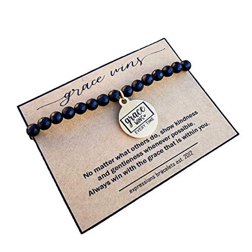 Christian Charm Bracelet Grace Wins Gold Charm Black Beaded Stretch Bracelet for Women