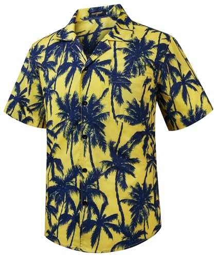 HISDERN Hawaiian Shirt Mens Shirts Short Sleeve Summer Funky Hawaii Print Button Down Short Sleeved Cuban Collar Beach Shirts for Men Holiday Yellow L