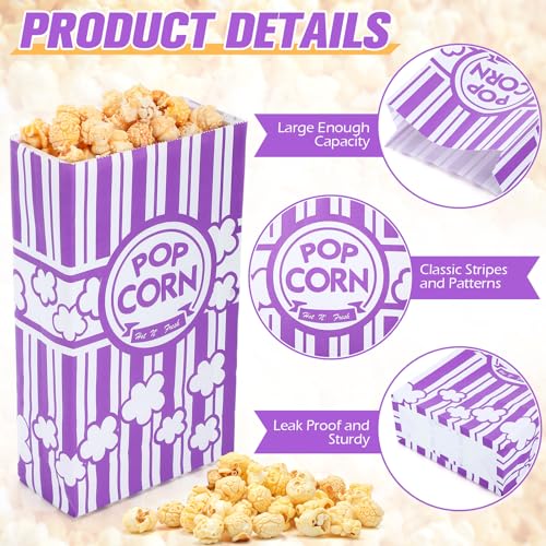 Image of Leinuosen 500 Pcs Paper Popcorn Bags Bulk 2 oz Large Flat Bottom Boxes Disposable Container Sleeve Movie Night Popcorn Bucket for Retro Movie Themed Party Carnival Supplies (Purple)
