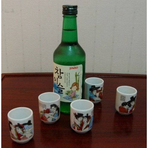 5 Small Glasses for Soju Decorated with Traditional Illustration About Man and Woman. 5 Glasses Set. by Made in Korea