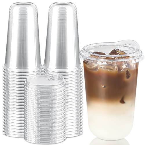 Qeirudu 18 Oz Round Bottom Clear Plastic Cups with Strawless Sip Lids 50 Pack Disposable Iced Coffee Cups To Go Cups for Cold Drinks Smoothie Juice Milkshake