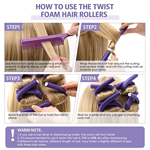 30 Pieces Flexible Curling Rods Twist Foam Hair Rollers Soft Foam No Heat Hair Rods Rollers And 1 Steel Pintail Comb Rat Tail Comb For Women Girls Long And Short Hair (7 X 0.8 Inch, Purple) #TOP2