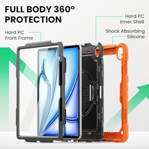 Image of SEYMAC for iPad Air 13 Inch Case M4 / M3 / M2 (2026 /2025 / 2024), Heavy Duty Shockproof Protective Case with Screen Protector, 360 Rotating Stand, Hand /Shoulder Strap and Pen Holder, Orange