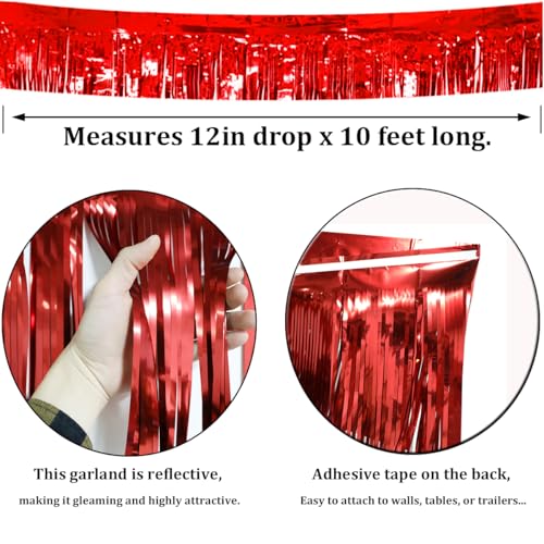 Image of 4 Pack Red Total 40 Feet Foil Fringe Garland Metallic Tinsel Banner Wall Hanging Drapes Parade Float Skirting Decorations for Trailer Mardi Gras Party Birthday Wedding Baby Shower