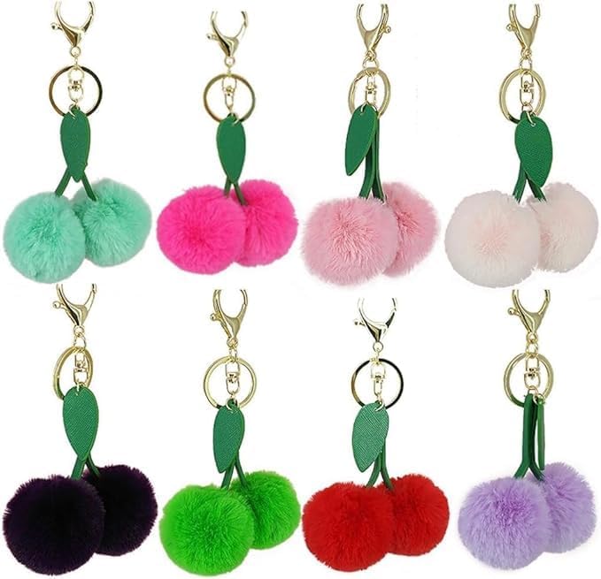 Red Cute Cherry Faux Fur Pom Pom Soft Fluffy Golden Ball Key Chain Cherry Keychain Car Keying Bag Wallet Pendant Ornament Accessories Interior Accessories - Image 7