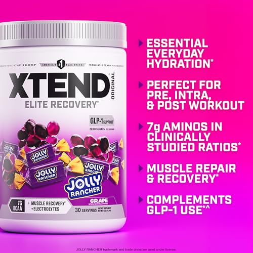 Image of Xtend Original BCAA Powder, 7g BCAAs and 2.5g L-Glutamine for Muscle Recovery Hydration and Lean Muscle, Sugar Free Intra and Post Workout Drink with Electrolytes, Grape Jolly Rancher, 30 Servings