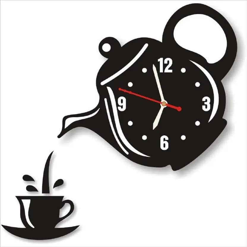 Image of Designer Wooden Wall Clock | Unique Teapot Shape Wall Clock for Home, Kitchen, Living Room & Office | Decorative Modern Acrylic Wall Clock (Black)