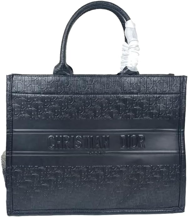 Book Tote, Black Embossed Monogram Pattern, Large Leather Handbag