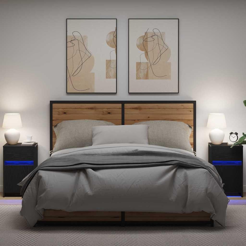 LED Nachttisch 2 Stück Schwarz Eichen-Optik 38 x 34 x 61 cm mit Schubladen und Stauraum, Holzwerkstoff Nachtschrank für Schlafzimmer, Wohnzimmer, Kinderzimmer, USB LED-Lichterketten