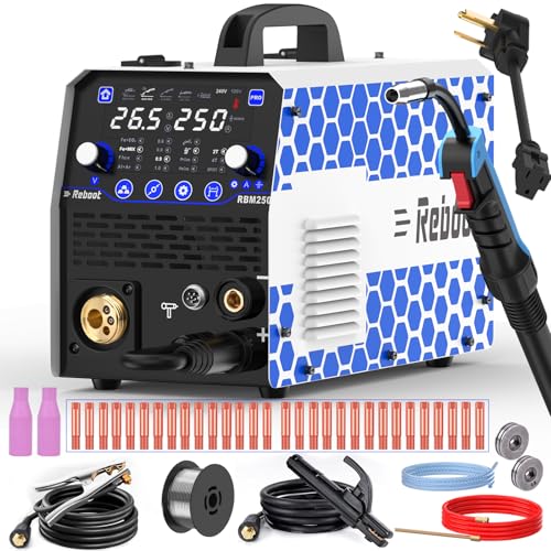 Reboot Soudeuse MIG 250 A 120 V/240 V RBM2500 Pro, machine de soudage multiprocessus 8 en 1 avec deux modes de soudage en aluminium, compatible avec pistolet à gaz MIG/MAG/Lift TIG/Stick/Spot/Bobine