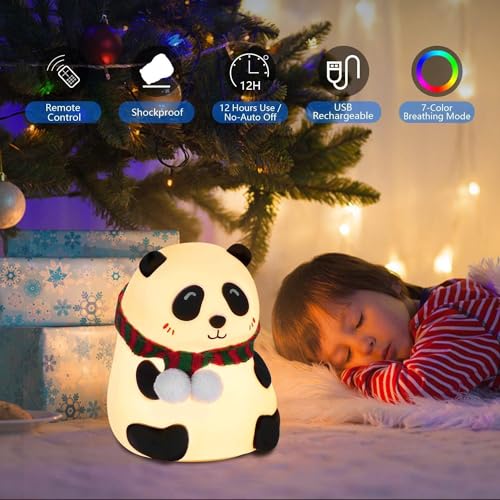 Image of Panda Light Night Lamp For Kids Soft Silicone 7-Color LED Nightlight | Rechargeable & BPA-Free | Cute Bedroom Decor & Gift For Sister, Toddlers, Teens & Valentine's Day,Black & White