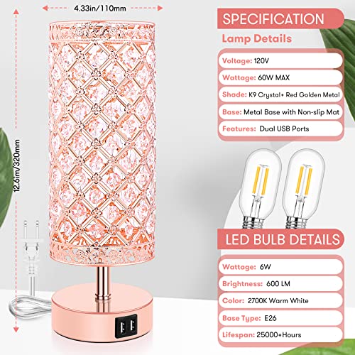 Brightever Touch Control Crystal Table Lamp Set Of 2 Bedside Nightstand Lamps With 2 Usb Charging Ports, Rose Gold 3-Way Dimmable, K9 Crystal Decorative Desk Lamp For Bedroom, Bulb Included #TOP1