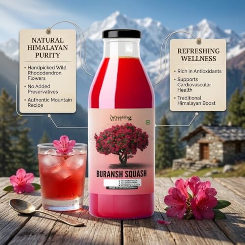 Image of REFRESHING ROOTS Uttarakhand Premium Buransh (Rhododendron) Squash, 1000 ML Glass Bottle | Cold Pressed | Natural Health Drink | Added Honey | No Artificial Flavors | Rich in Antioxidants | Glass Bottle (500 ML * 2)