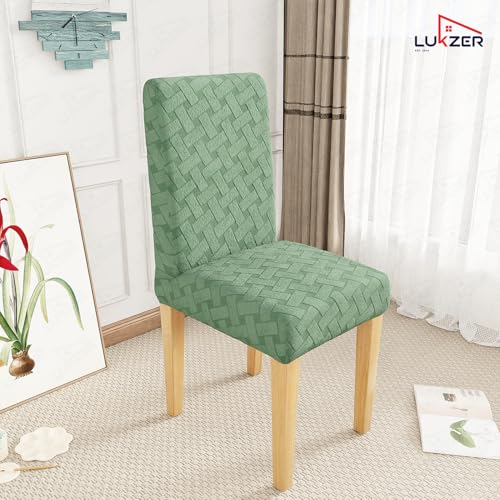Image of Lukzer Elastic Dining Chair Cover - 4PC Pastel Green Basket Weave | Textured High Stretch Jacquard Seat Cover | Removable Washable Short Dining Chair Cover Protector Seat Slipcover | (CC-114-04)