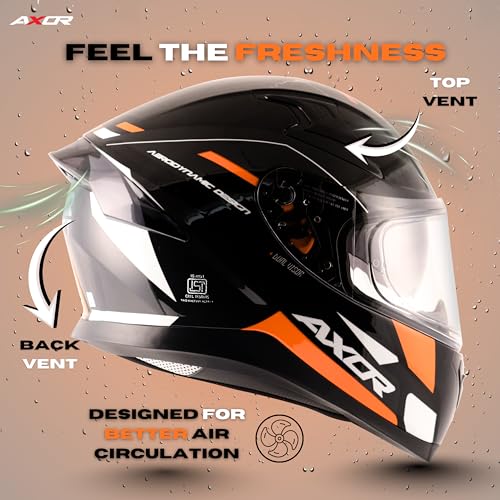 Image of Axor Apex Turbine ISI ECE DOT Certified Full Face Dual Visor Helmet for Men and Women with Pinlock Fitted Outer Clear Visor and Inner Smoke Sun Visor Black Orange Grey Helmet-L