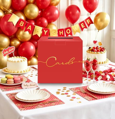 Image of HEIPINIUYE Red Wedding Card Box with Gold Foil 9.8 inch x 9.8 inch Red Large Gift Card Box for Party Wedding Reception Graduation Birthday Baby Shower Cardboard Raffle Envelope Box with Slot